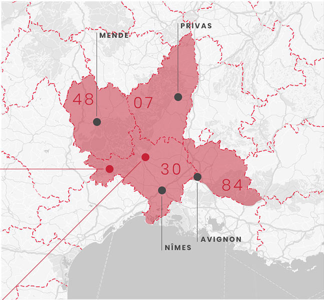 Carte cour dappel de Nmes SELARL ACTION JURIS 30 Huissiers de Justice  Als dans le Gard (30)